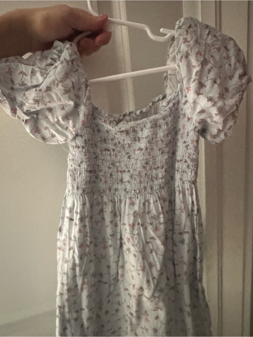Girls - 2T Smocked Puff Sleeve Floral Midi Dress - Light Blue with Pink Flowers